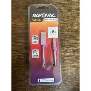 Rayovac Fusion Micro USB Cable. 10ft Charger Cord;  lavender color